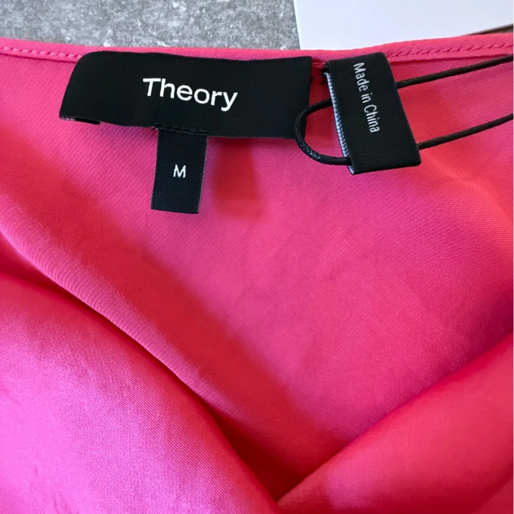 NWT Theory Sleeveless Draped Satin Cowlneck Pink Azalea Shell Size Medium - Picture 6 of 9